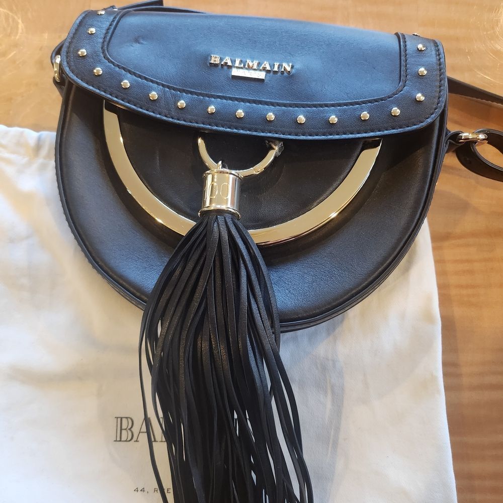 Balmain Black Leathet Crossbody Bag with Gold Accents And Bold Tassel